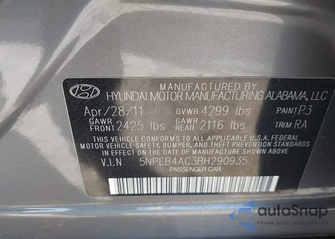 2011 Hyundai Sonata Gls из США, поврежденный, VIN 5NPEB4AC3BH290935